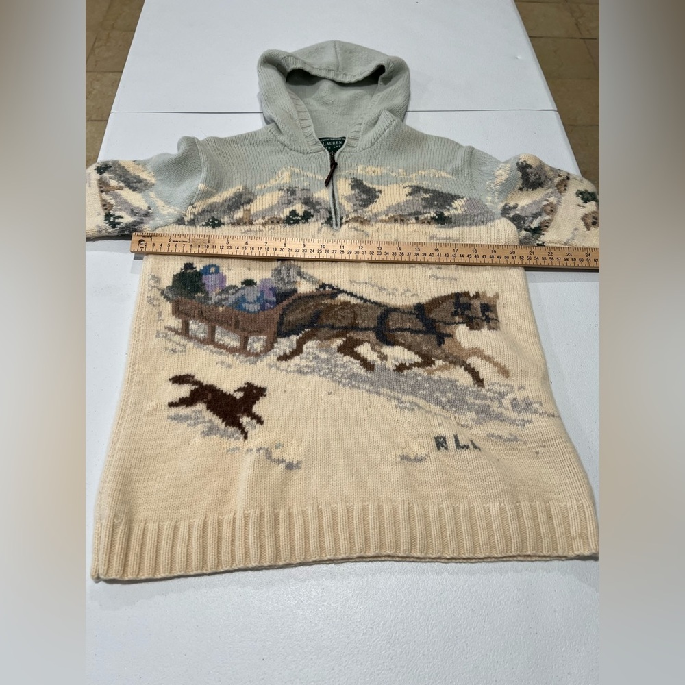 RALPH LAUREN VTG  EXCLUSIVE Hand Knit Lambswool Sweater Winter Scene Sled L - Picture 4 of 10